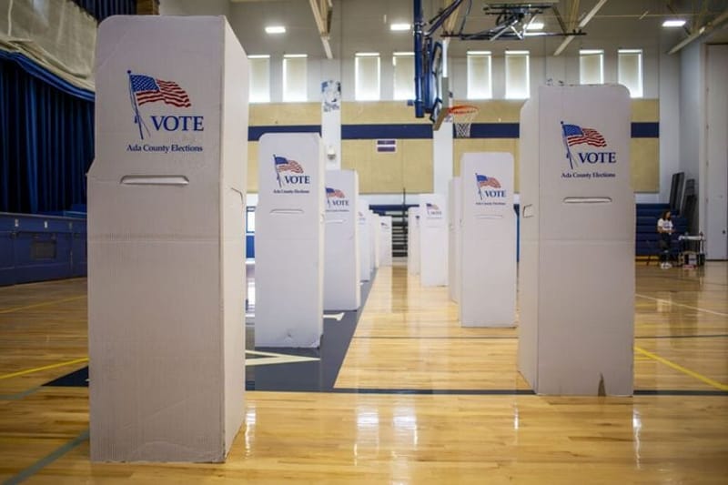 Voting booths await voters in the general election on Nov. 5, 2024, at North Junior High in Boise. (Photo by Pat Sutphin for the Idaho Capital Sun)