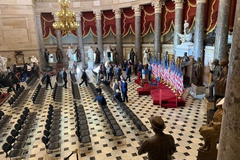Statuary Hall in the U.S. Capitol on June 24, 2026. The hall was set up for a ceremony in which President Donald Trump would sign into law a broadly bipartisan housing bill, but Trump abruptly canceled the event. (Photo by Jennifer Shutt/States Newsroom)