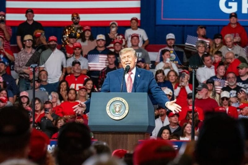 President Donald Trump speaks during an Oct. 19, 2026, rally at the Heartland Credit Union Arena in Park City, Kansas. (Photo by Sherman Smith/Kansas Reflector)