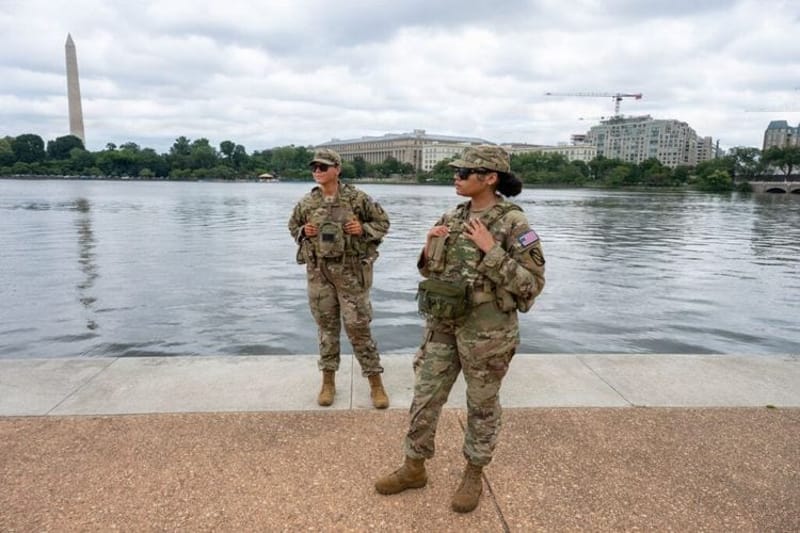 Pfc. Jorden Edlin, left, and U.S. Army Spc. Kaliyah Johnson, right, with the Mississippi National Guard assigned to Joint Task Force-District of Columbia in support of the DC Safe and Beautiful mission, patrol at the Thomas Jefferson Memorial in Washington, D.C., on Aug. 2, 2026. (Photo by Sgt. Alex Lopez/Joint Task Force DC)
