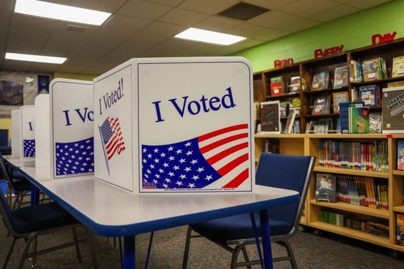 Booths await voters during the May 19, 2026, primary election at Temple View Elementary School in Idaho Falls, Idaho. (Photo by Pat Sutphin/Idaho Capital Sun)