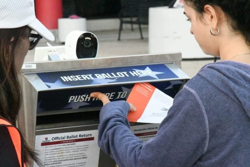 A voter deposits a mail-in ballot at the drop box outside the Chester County, Pennsylvania, Government Center on Tuesday, Nov. 5, 2024. (Photo by Pennsylvania Capital-Star/Peter Hall)