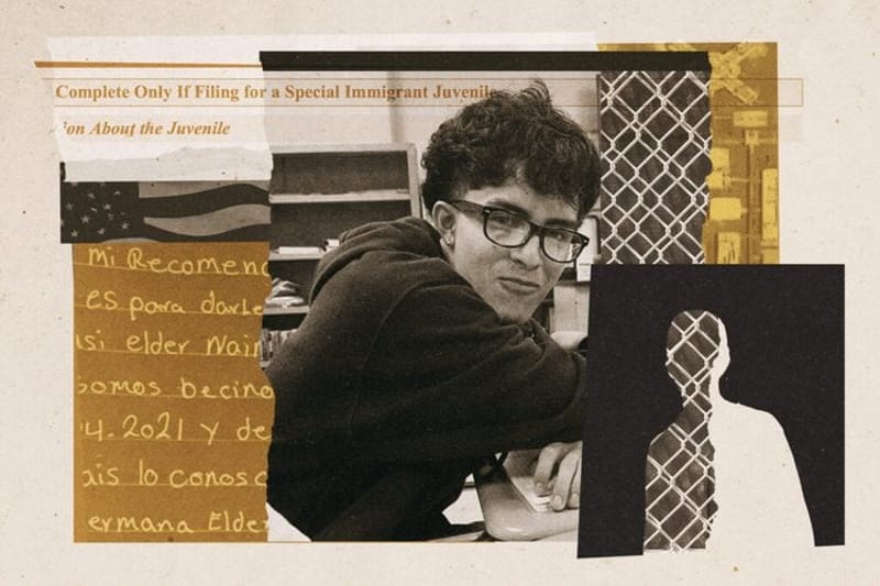 Elder Chavez crossed the border as an unaccompanied minor in 2022. Now 18, he sits in Louisiana’s Winn Correctional Center facing deportation after a traffic violation. (Illustration by Emily Scherer for ProPublica.) Source images: Courtesy of the Chavez family, JMS2/Flickr, mikepick/Flickr, and U.S. Citizenship and Immigration Services.