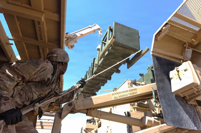 An Army air defense artilleryman reloads an MIM-104 Patriot missile launcher during Operation Epic Fury in the U.S. Central Command area of responsibility, April 29, 2026. The Patriot is the Army's primary terminal-phase antiballistic missile system. (Photo via U.S. Department of Defense)