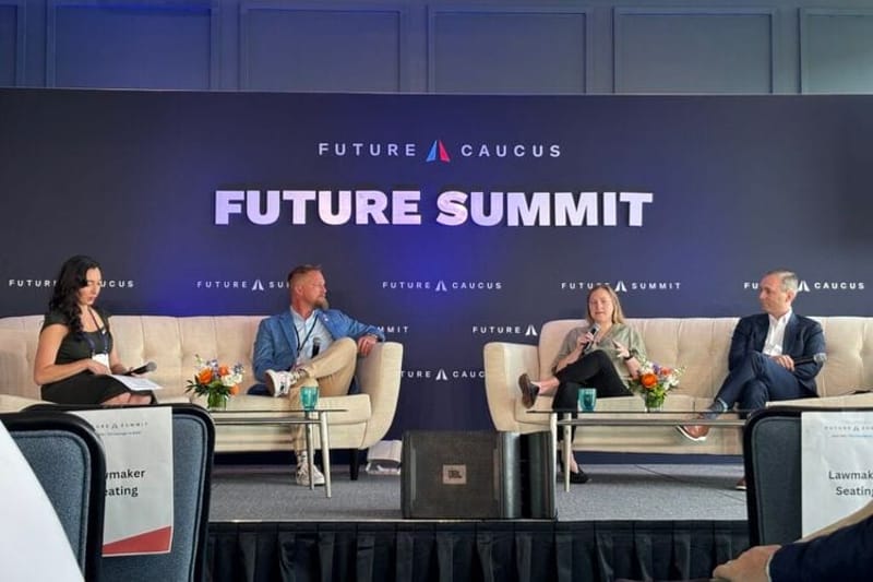 A panel discussed kids' online safety and artificial intelligence during a conference of Gen Z and millenial lawmakers Friday July 10, 2026. Pictured, from left, are moderator Diana Haber-Daws, South Carolina State Rep. Brandon Guffey, Ohio state Rep. Christine Cockley and Project Liberty President Tomicah Tilleman. (Photo by Amelia Twyman/States Newsroom)