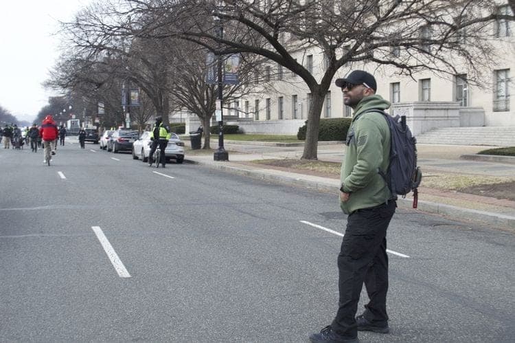Former national Proud Boys leader Enrique Tarrio looked on as far-right activists celebrating the Jan. 6 Capitol attack marched down Constitution Avenue on Tuesday, Jan. 6, 2026. Tarrio was sentenced to 22 years in prison on sedition charges related to the attack, but President Donald Trump commuted his sentence. (Photo by Ashley Murray/States Newsroom)