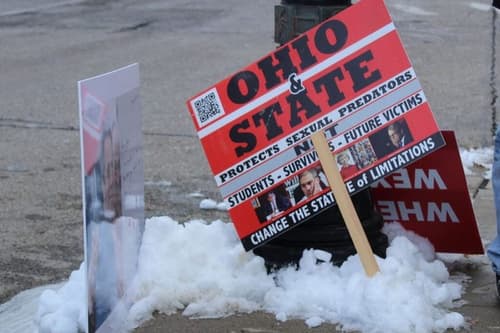 Strauss survivors protest outside Ohio State Trustees meeting