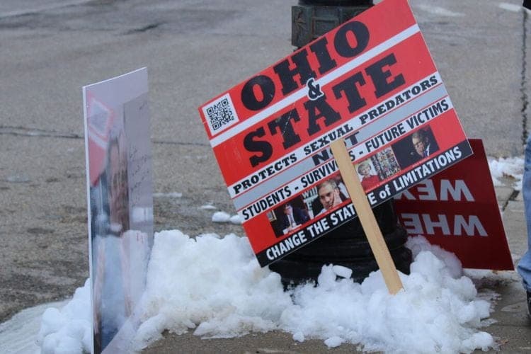 Strauss survivors protest outside Ohio State Trustees meeting